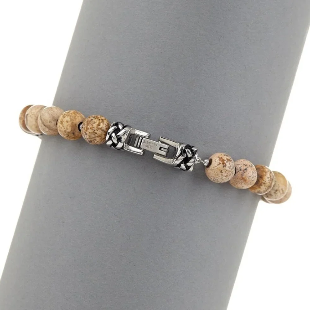 Blackjack Natural Jasper Stone Bead Bracelet Stainless Steel Accents